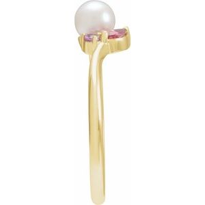 14K Yellow Gold Cultured White Akoya Pearl, Natural Pink Tourmaline & Natural Pink Sapphire Ring