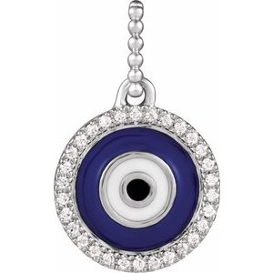 14K White Gold 1/10 CTW Natural Diamond Blue Enameled Evil Eye Pendant