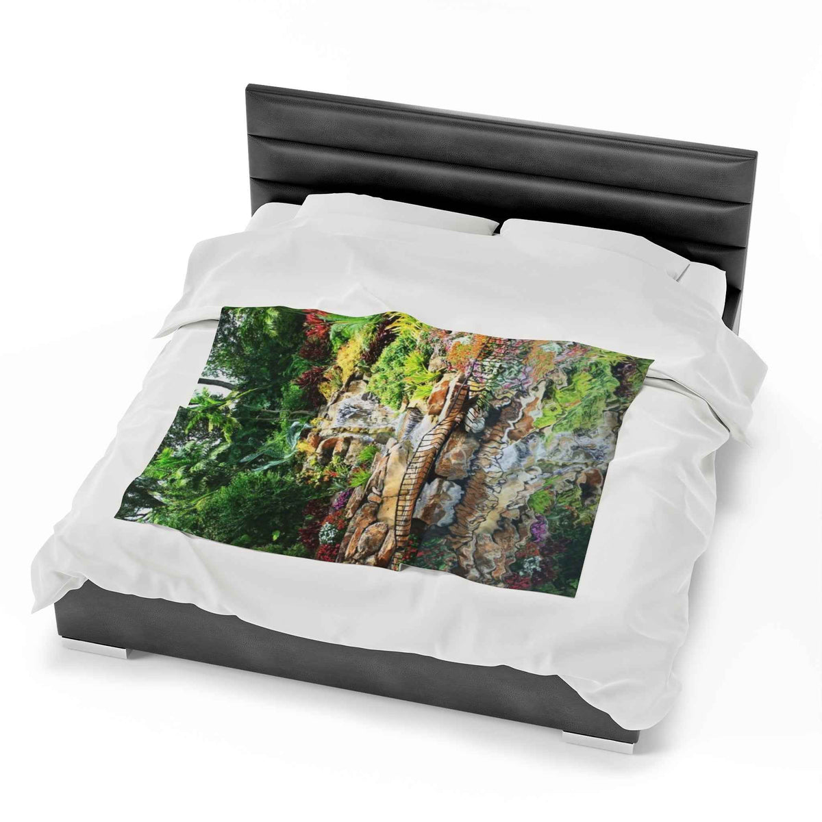 Tropical Waterfall with Reflection Velveteen Plush Blanket