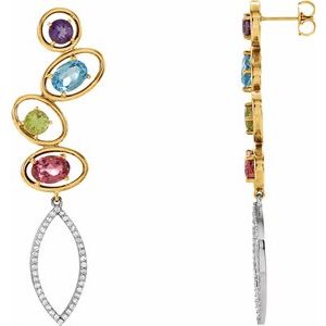 14K Yellow/White Gold Natural Pink Tourmaline, Natural Swiss Blue Topaz. Natural Amethyst & Natural Peridot and 3/8 CTW Natural Diamond Earrings