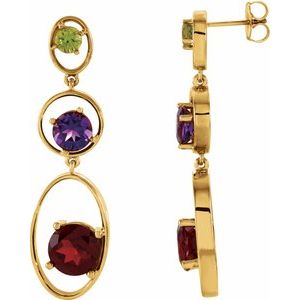 14K Yellow Gold Natural Mozambique Garnet, Natural Amethyst & Natural Peridot Earrings
