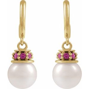 14K Yellow Gold Cultured White Freshwater Pearl & Natural Pink Tourmaline Hoop Earrings