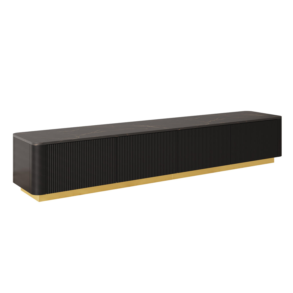 ON-TREND Luxury Fluted TV Stand for TVs Up to 85', Faux Marble Tabletop Media Console with 4 Drawers, Curved Profile Design, Modern Entertainment Center with Gold Base for Living Room, Black