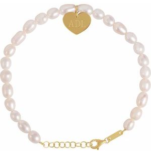 14K Yellow Gold Cultured White Freshwater Pearl & Heart 7-8" Bracelet – image 3