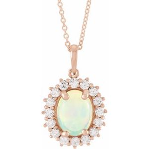 14K Rose Gold Natural Ethiopian Opal & 1/3 CTW Natural Diamond Halo-Style 16-18" Necklace