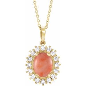 14K Yellow Gold Natural Pink Coral & 1/3 CTW Natural Diamond Halo-Style 16-18" Necklace