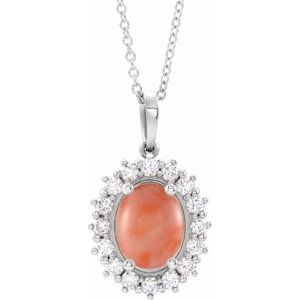 14K White Gold Natural Pink Coral & 1/4 CTW Natural Diamond Halo-Style 16-18" Necklace