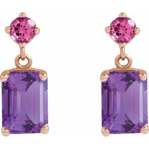 14K Rose Gold Natural Amethyst & Natural Pink Tourmaline Dangle Earrings – image 2