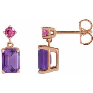 14K Rose Gold Natural Amethyst & Natural Pink Tourmaline Dangle Earrings