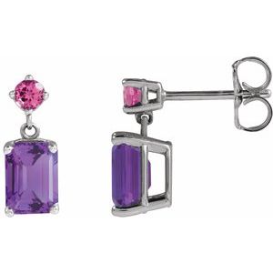 Platinum Natural Amethyst & Natural Pink Tourmaline Dangle Earrings