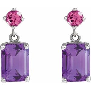 14K White Gold Natural Amethyst & Natural Pink Tourmaline Dangle Earrings