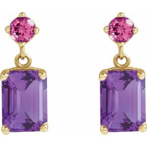 14K Yellow Gold Natural Amethyst & Natural Pink Tourmaline Dangle Earrings – image 2