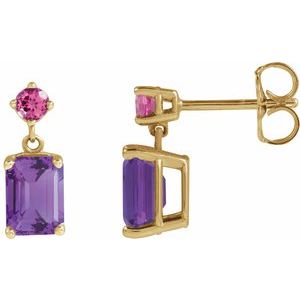 14K Yellow Gold Natural Amethyst & Natural Pink Tourmaline Dangle Earrings