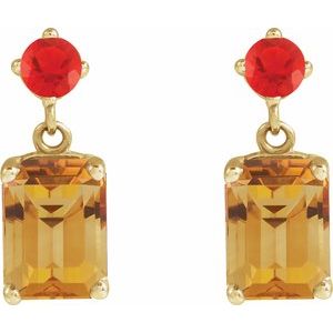 14K Yellow Gold Natural Citrine & Natural Mexican Fire Opal Dangle Earrings