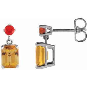 14K White Gold Natural Citrine & Natural Mexican Fire Opal Dangle Earrings
