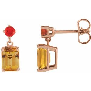 14K Rose Gold Natural Citrine & Natural Mexican Fire Opal Dangle Earrings