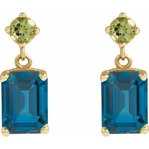 14K Yellow Gold Natural London Blue Topaz & Natural Peridot Dangle Earrings – image 2