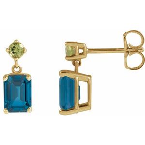 14K Yellow Gold Natural London Blue Topaz & Natural Peridot Dangle Earrings