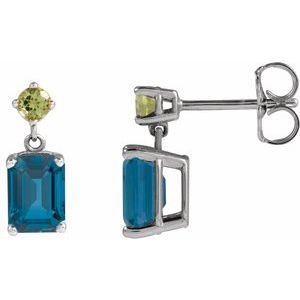 Platinum Natural London Blue Topaz & Natural Peridot Dangle Earrings