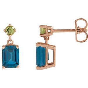 14K Rose Gold Natural London Blue Topaz & Natural Peridot Dangle Earrings