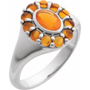 Sterling Silver Natural Mexican Fire Opal & Natural Citrine Halo-Style Ring