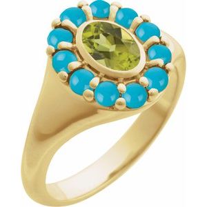 14K Yellow Gold Natural Peridot & Natural Turquoise Halo-Style Ring