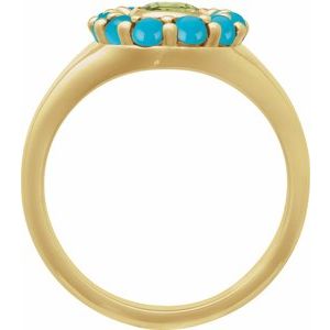 14K Yellow Gold Natural Peridot & Natural Turquoise Halo-Style Ring