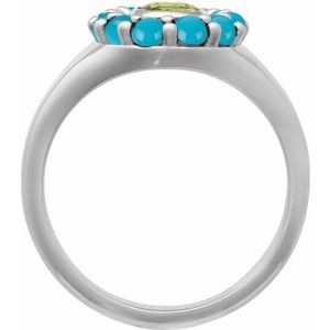 Platinum Natural Peridot & Natural Turquoise Halo-Style Ring