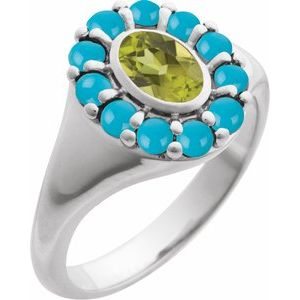 Platinum Natural Peridot & Natural Turquoise Halo-Style Ring