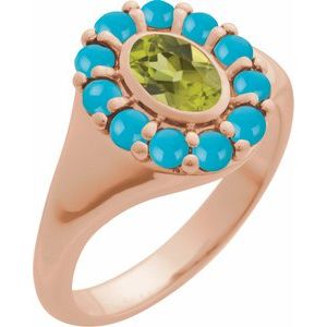 14K Rose Gold Natural Peridot & Natural Turquoise Halo-Style Ring