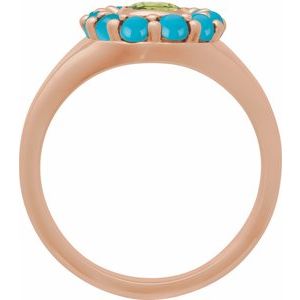 14K Rose Gold Natural Peridot & Natural Turquoise Halo-Style Ring