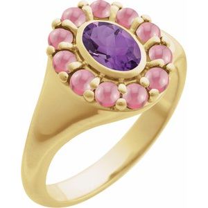 14K Yellow Gold Natural Amethyst & Natural Rhodolite Garnet Halo-Style Ring
