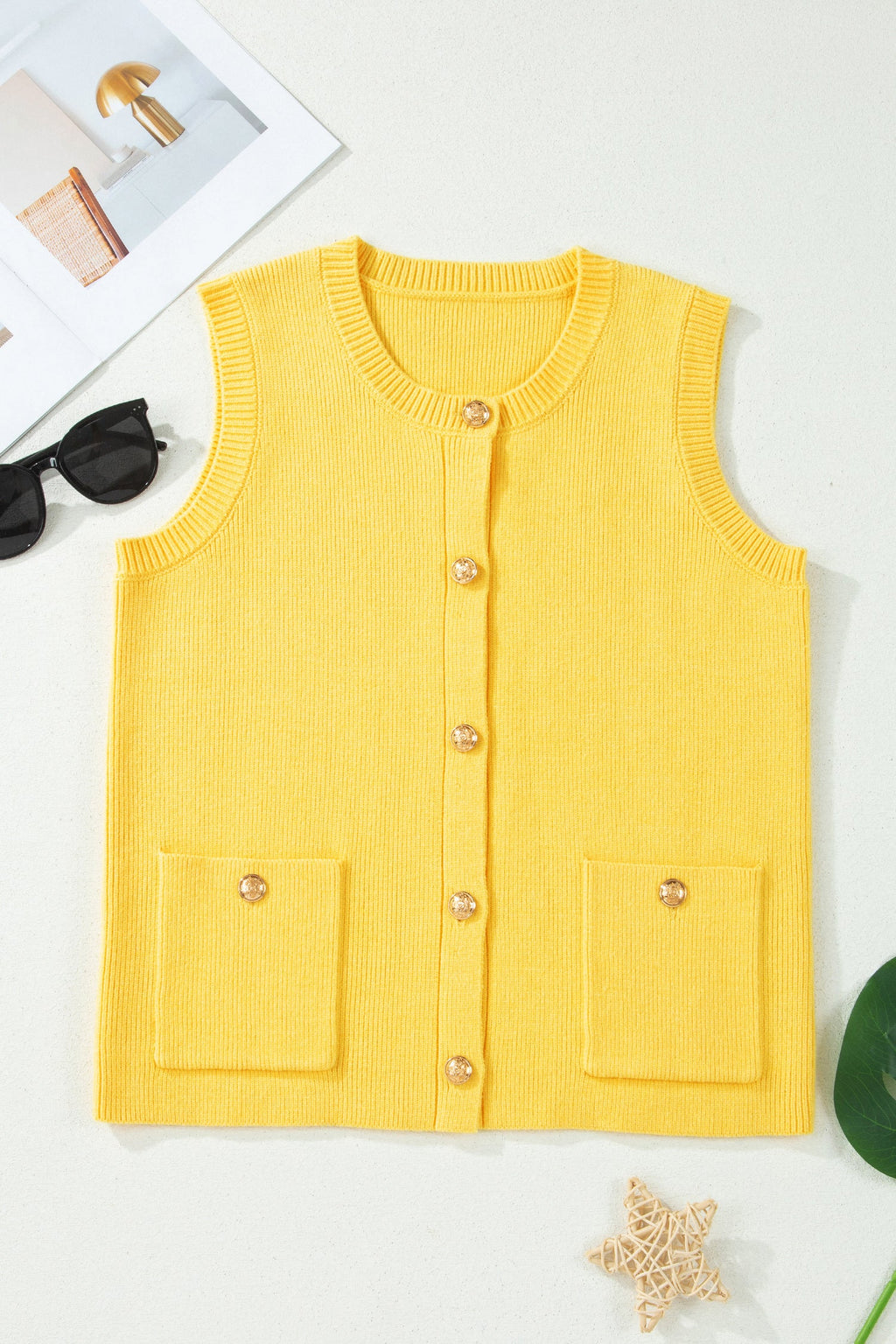 Solid Knit Sleeveless Button Front Pocketed Sweater