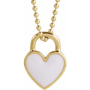 14K Yellow Gold White Enamel Heart 18" Necklace