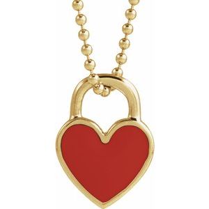 14K Yellow Gold Red Enamel Heart 18" Necklace