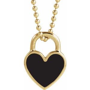 14K Yellow Gold Black Enamel Heart 18" Necklace