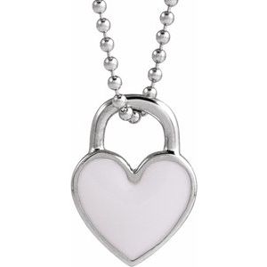 14K White Gold White Enamel Heart 18" Necklace