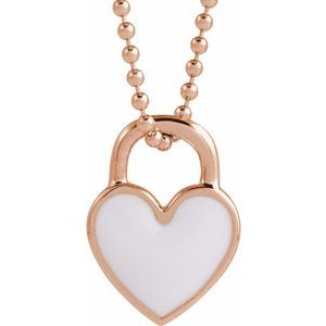 14K Rose Gold White Enamel Heart 18" Necklace