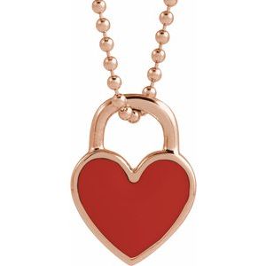 14K Rose Gold Red Enamel Heart 18" Necklace
