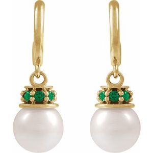 14K Yellow Gold Cultured White Freshwater Pearl & Natural Tsavorite Garnet Hoop Earrings – image 2