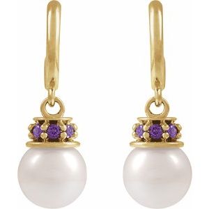 14K Yellow Gold Cultured White Freshwater Pearl & Lab-Grown Purple Sapphire Hoop Earrings