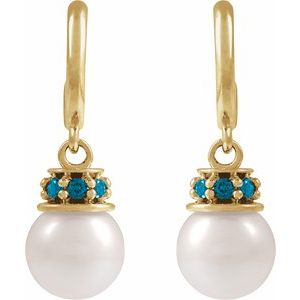 14K Yellow Gold Cultured White Freshwater Pearl & Natural London Blue Topaz Hoop Earrings