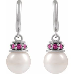 14K White Gold Cultured White Freshwater Pearl & Natural Pink Tourmaline Hoop Earrings – image 2