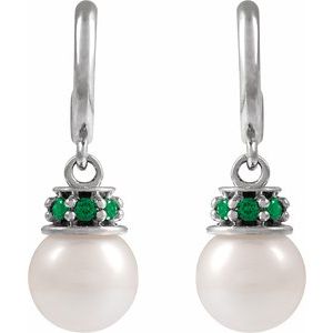Sterling Silver Cultured White Freshwater Pearl & Natural Tsavorite Garnet Hoop Earrings – image 2