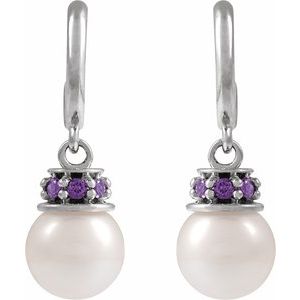 Platinum Cultured White Freshwater Pearl & Lab-Grown Purple Sapphire Hoop Earrings – image 2