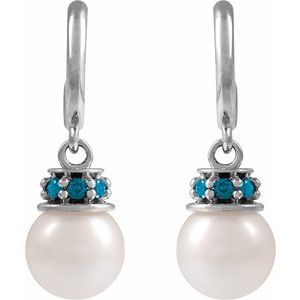 14K White Gold Cultured White Freshwater Pearl & Natural London Blue Topaz Hoop Earrings – image 2