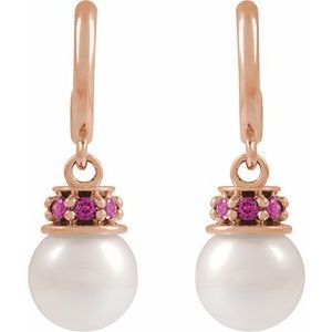 14K Rose Gold Cultured White Freshwater Pearl & Natural Pink Tourmaline Hoop Earrings – image 2