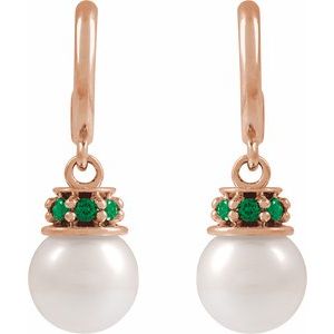 14K Rose Gold Cultured White Freshwater Pearl & Natural Tsavorite Garnet Hoop Earrings