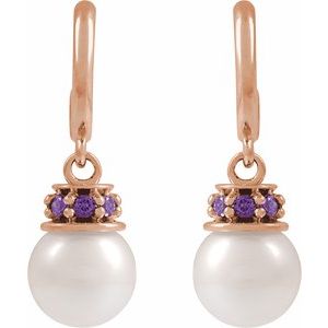 14K Rose Gold Cultured White Freshwater Pearl & Lab-Grown Purple Sapphire Hoop Earrings – image 2