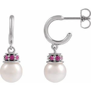 14K White Gold Cultured White Freshwater Pearl & Natural Pink Tourmaline Hoop Earrings